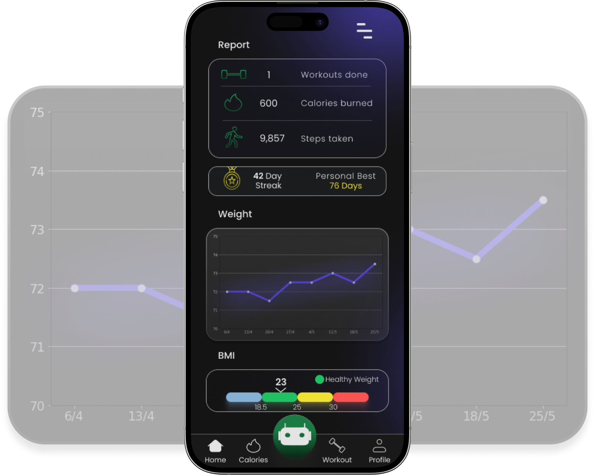 Report — streaks, weight, BMI, all in one calm view