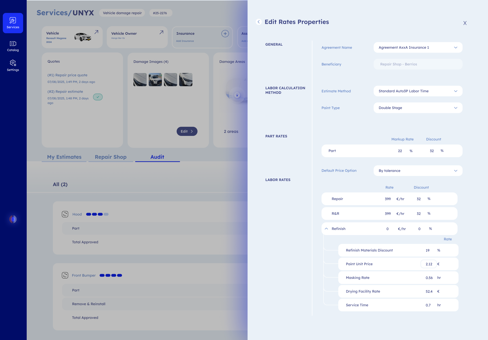 Agreement · Editing labor and part rates with the audit rules visible in context.