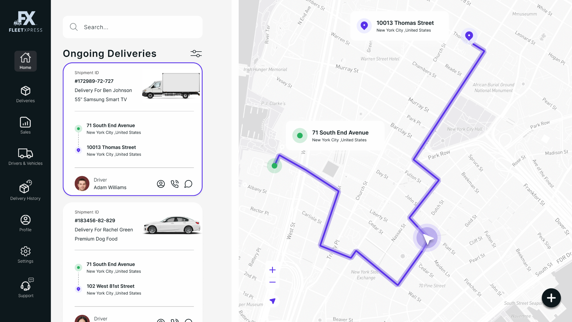 Deliveries — every shipment, filterable and one click from action