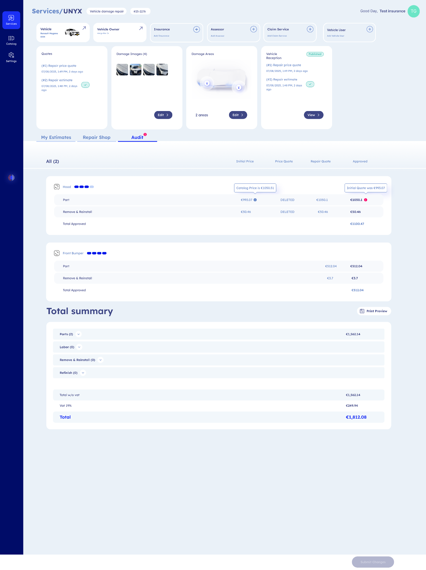 Audit · Changes report ready to send back to the repair shop, closing the negotiation loop in one screen.