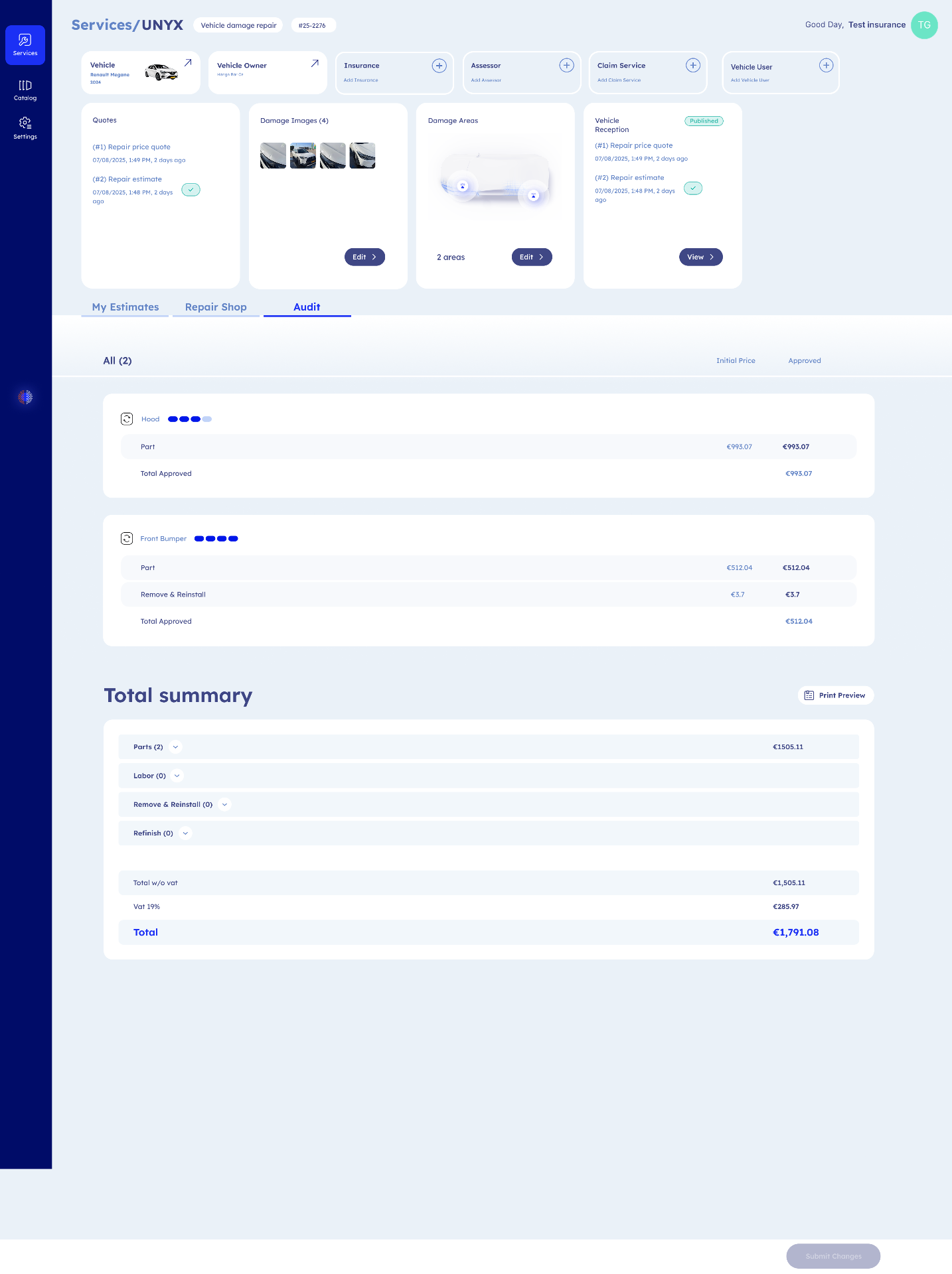 Audit · Side‑by‑side view of Initial price, Price quote, Audit and Approved — every delta highlighted per line.